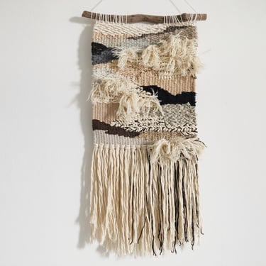 Neutral Wall Weaving - Woven Tapestry - Handwoven Weave - Beige, Black, Grey, Navy, Camel - Boho Nursery Art - Shaggy, Textured - Monochrome 