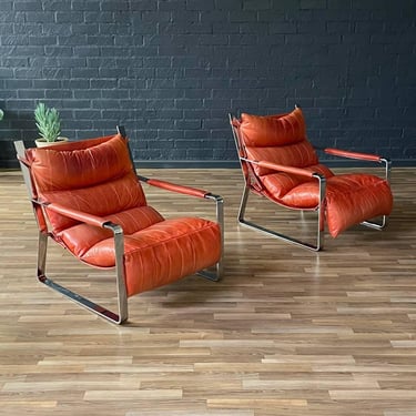 Pair of Mid-Century Modern Chrome & Leather Lounge Chairs, c.1970’s 