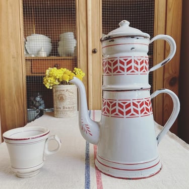 Beautiful rustic old French enamelware cafetière 
