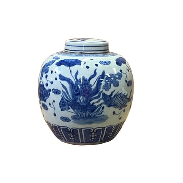 Chinese Hand-paint Flowers Fishes Blue White Porcelain Ginger Jar ws2818E 