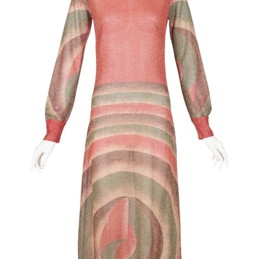 Avanti 1970s Vintage Art Deco Print Lurex Long Sleeve Maxi Dress 