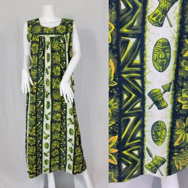 Ui- Maikai 1960's Green Cotton Tropical Hawaiian Print Muumuu Long Shift Dress I Sz Lrg I Tiki Masks I Tiki I Volup 