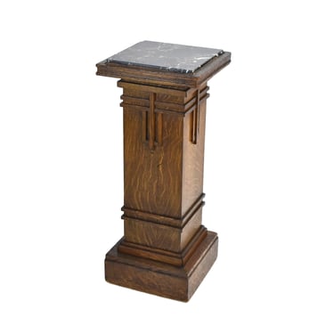 Vintage Arts & Crafts Mission Style Quarter Sawn Oak Marble Top Pedestal Stand 