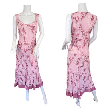 Together 1990s Rayon Gauze Pink Stencil Floral Pattern Bias Cut Slip Dress I Sz Lrg 