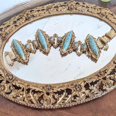 Beautiful Vintage Selro Selini Brass and Blue Glass Ornate Bracelet 