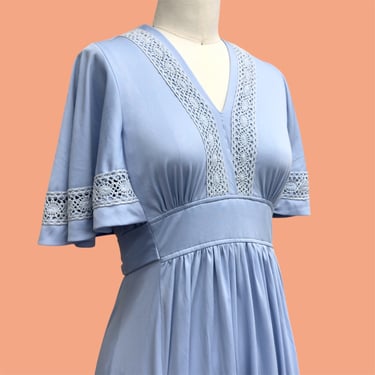 Vintage Dress Retro 1970s Terri Juniors + No Size Tag + Baby Blue + Butterfly Sleeves + Crochet + Maxi Length + Bohemian + Womens Apparel 