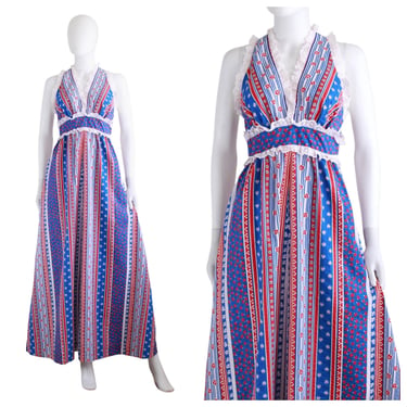 1970s Red White & Blue Maxi Dress - 1970s Liberty House Hawaiian Maxi - Red White and Blue Hawaiian Dress - 70s Maxi Dress | Size Small 