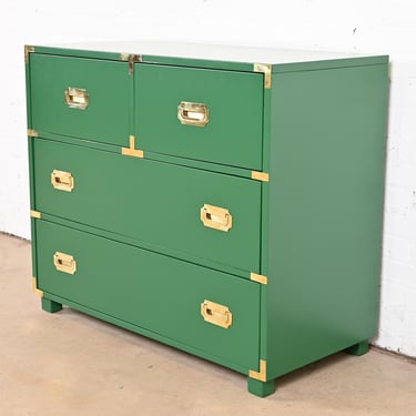 Baker Furniture Style Hollywood Regency Campaign Green Lacquered Dresser Chest, Newly Refinished