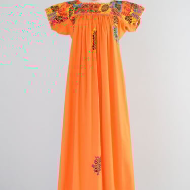 Vintage 1970's Sunset Orange Mexican Huipil Style Dress / M
