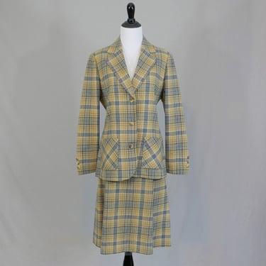 70s Plaid Pendleton Skirt Suit - Lined Jacket - Shades of Beige and Gray - Vintage 1970s - S 