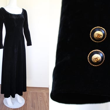 1980s Chanel Boutique Black Velvet Maxi Dress with Gold Chanel Buttons - Day-to-Night Vintage Dress 
