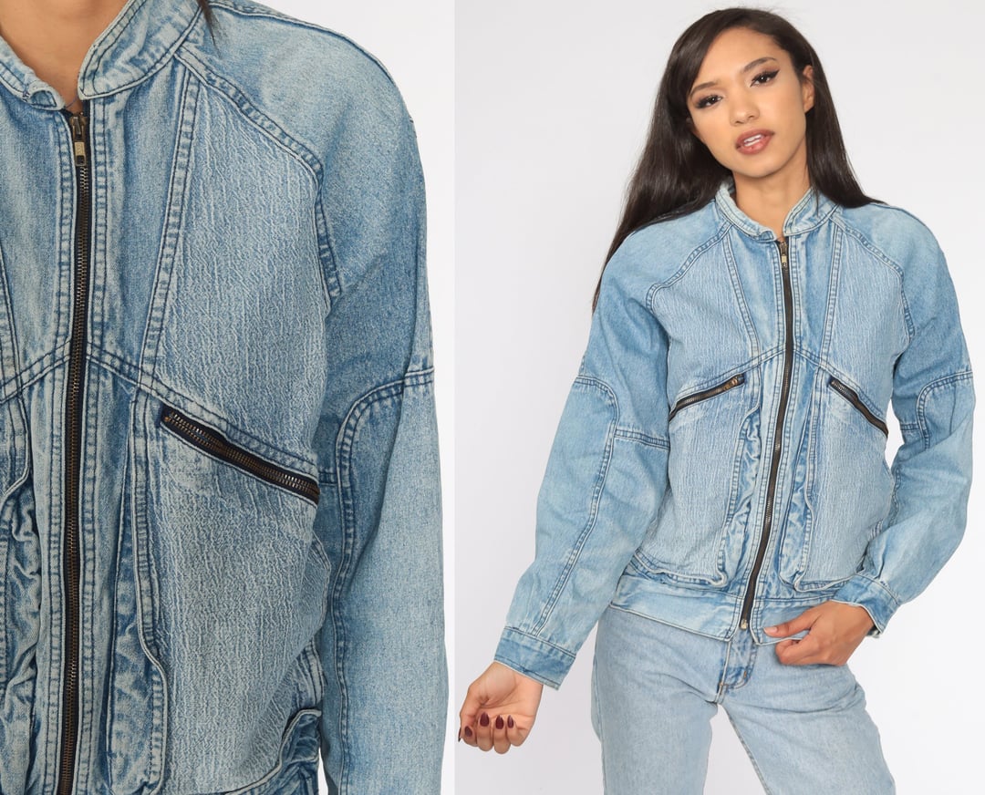 80s Denim Jacket ZIP UP Jean Jacket Denim Bomber Jacket | Shop Exile ...