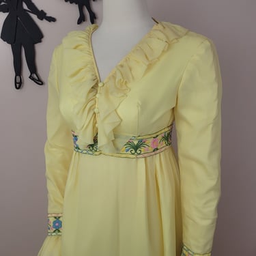 Vintage 1960's Yellow Embroidered Maxi Dress / 70s Prom Formal Polyester Dress XS 