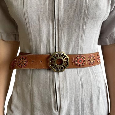 Lucky Brand Womens Brown Leather Multicolor Floral Hippie Western Belt Sz S 