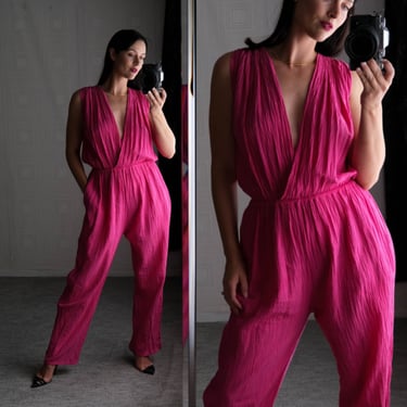 Vintage 70s Pink Gauze Cotton Plunging Neckline Jumpsuit w/ Pockets | 100% Cotton Gauze | 1970s Ruched Shoulder Textured Gauze Jumpsuit 