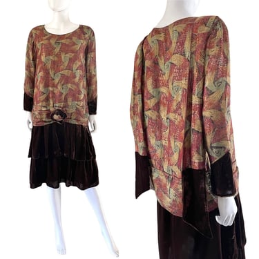 1920s Colorful Silk Lame & Panne Velvet Dress - 1920s Lame Dress - Antique Lame Dress - 20s Drop Waist Dress - Deco Dress | Size Med / Large 