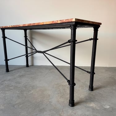 1980’s Vintage Brutalist Metal Console Table With Breccia Pernice Marble Top 