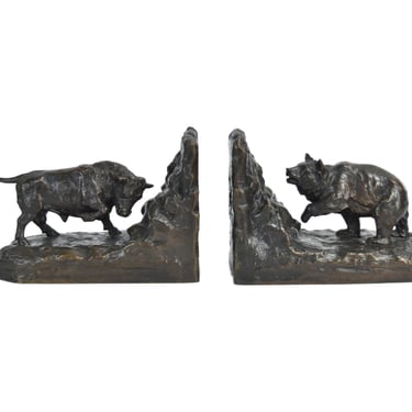 1905 Theodore B. Starr Gorham Foundry Bronze Bull Bear Market Bookends 