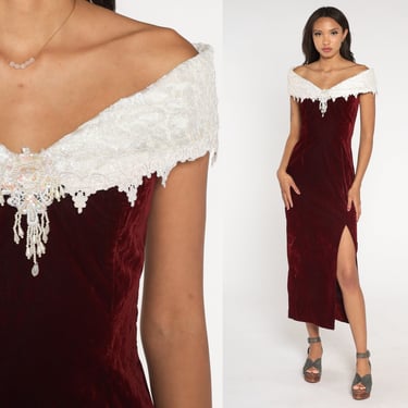 Wine Velvet Gown 90s Party Maxi Dress Off Shoulder Pearl Beaded White Lace Trim High Slit Cocktail Formal Evening Glam Chic Vintage 1990s XS 