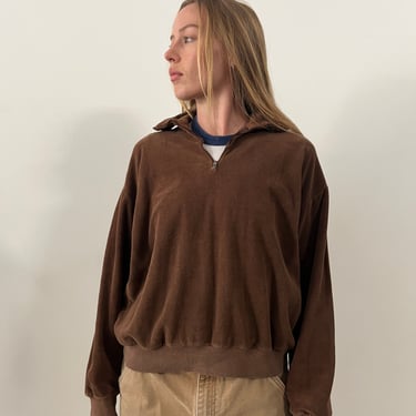 60s/70s Brown Cotton Velour 1/4 Zip Pullover