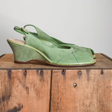 1940s Green Peep Toe Wedges 