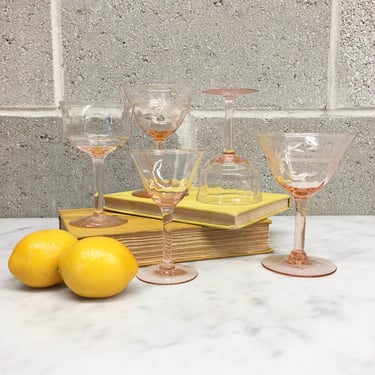 Vintage Champagne Glasses Set Retro 1950s Mid Century Modern + Pink + Clear Glass + Set of 5 + Coupe Glass + Barware + Kitchen Decor 