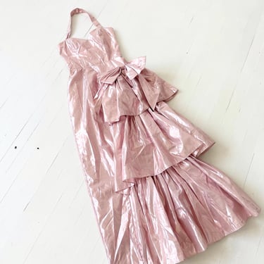 1980s Metallic Pink Satin Halter Neck Dress with Tiered Bow Skirt 