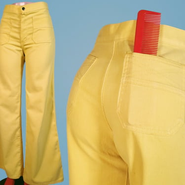 Yellow 1970s pants jeans Plush Bottoms extra wide leg brushed cotton streak dyed spring summer (29 x 33) 