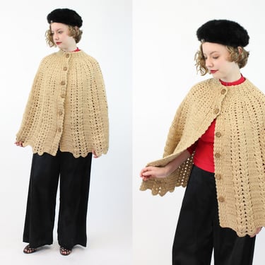 1960s knit cape | chunky camel knit jacket 