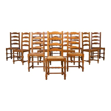 Country French Farmhouse Style Maple Ladder Back Dining Chairs W/ Rush Seats - Set of 12 