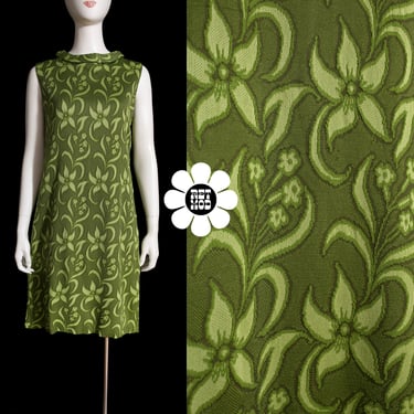 Pretty Vintage 60s 70s Green Floral Textured Patterned Sleeveless Dress 