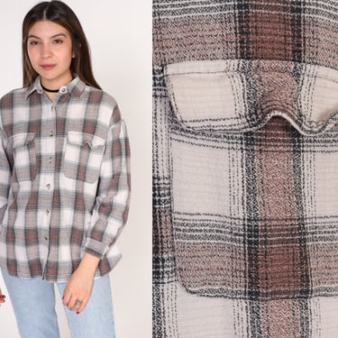 Flannel Shirt Y2K Plaid Button Up Grunge Boyfriend Top Lumberjack Long Sleeve Collared Streetwear Cotton Off White Brown Vintage 00s Large L 