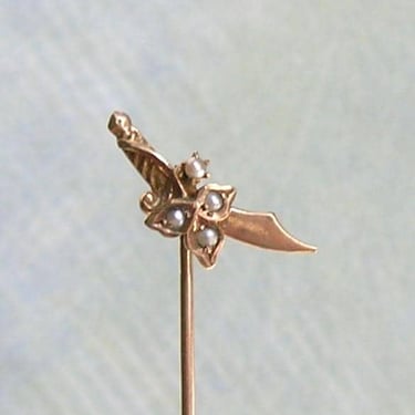 Antique 10K Gold and Pearl Stick Pin With Sword, Gold Stick Pin With Leaf and Sword, Antique 10K Gold Stickpin (#4492) 