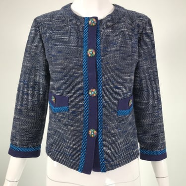 Etro Blue & White Cotton Blend Cropped Tweed Jacket with Enamel Buttons