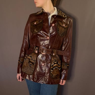 Brown Leather Fur Trimmed Button Up Coat w/ Buckle (M)