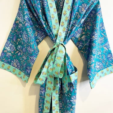 Hand Block Print Kimono Robe, Cotton Bathrobe, Lightweight Cotton Robe, Cotton Dressing Gown, Short Kimono, Wood Block Printed, Floral Robe 
