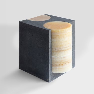 Bespoke Black Lava Stone &amp; Warm Onyx Graphic Modern Rectangular Stool/Sidetable