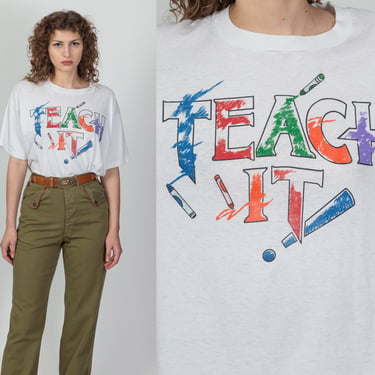 90s Teach It! Graphic T Shirt - Men's XL | Vintage Crew Neck White School Teacher Tee 
