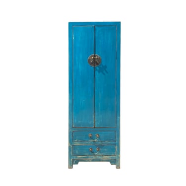 Chinese Distressed Bright Blue Slim Narrow Tall Storage Cabinet cs7338E 