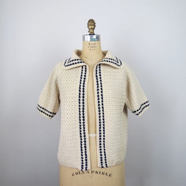 Vintage 1950s wool cardigan sweater, shawl collar, short sleeve, knit separates, size medium 