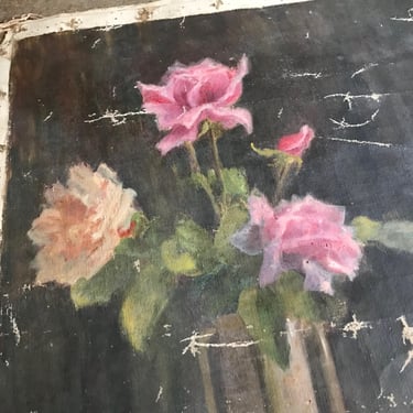 Antique French Floral Oil Painting, Rose Flowers in Vase, Pink Roses, Still Life, Unframed Original Artwork 