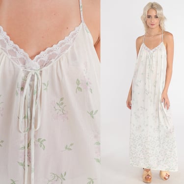 Floral Nightgown 70s Lingerie Slip Dress Semi-Sheer Off-White Lace Trim Maxi Lounge Dress Romantic Bohemian Vintage 1970s Extra Large L XL 