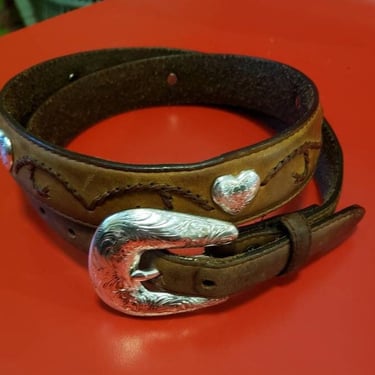 Vintage 90s Leather Waist Belt sz 32 to 36 Silver Hearts and Buckle 