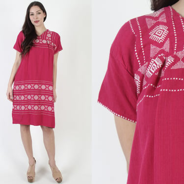 Zig Zag Print Guatemalan Dress / Cotton Aztec Embroidered Shift / Vintage Striped White Pink Mexican Woven Mini Midi 