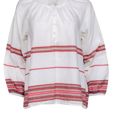 Joie - White, Red & Pink Striped Long Sleeve Cotton Blouse Sz L