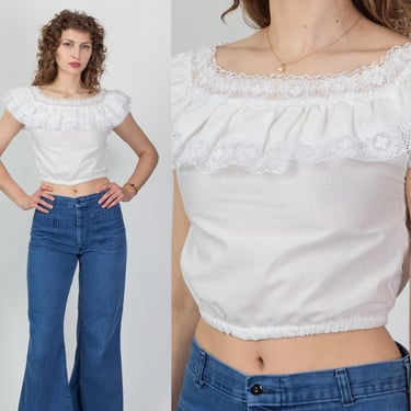 70s White Crochet Lace Crop Top - Extra Small | Vintage Boho Puff Sleeve Blouse 