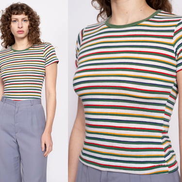 70s Green Striped Fitted Ringer Tee - Small | Vintage Crew Neck Cropped T Shirt 