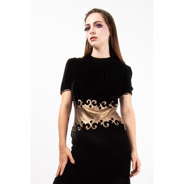 1930s dress / Vintage black silk velvet and bias cut gold lame / Cut out applique waist / S 