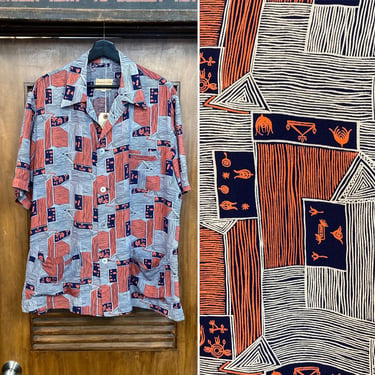 Vintage 1950’s Size L Atomic Pattern Rayon Cabana Hawaiian Rockabilly Palm Beach Shirt, 50’s Vintage Clothing 