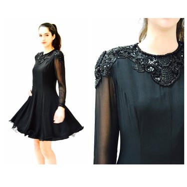90s Vintage Black Silk Party Dress Black Sequin Beaded Dress Small Medium// 90s Prom Party Vintage Black Sequin Dress Long sleeve Dress 